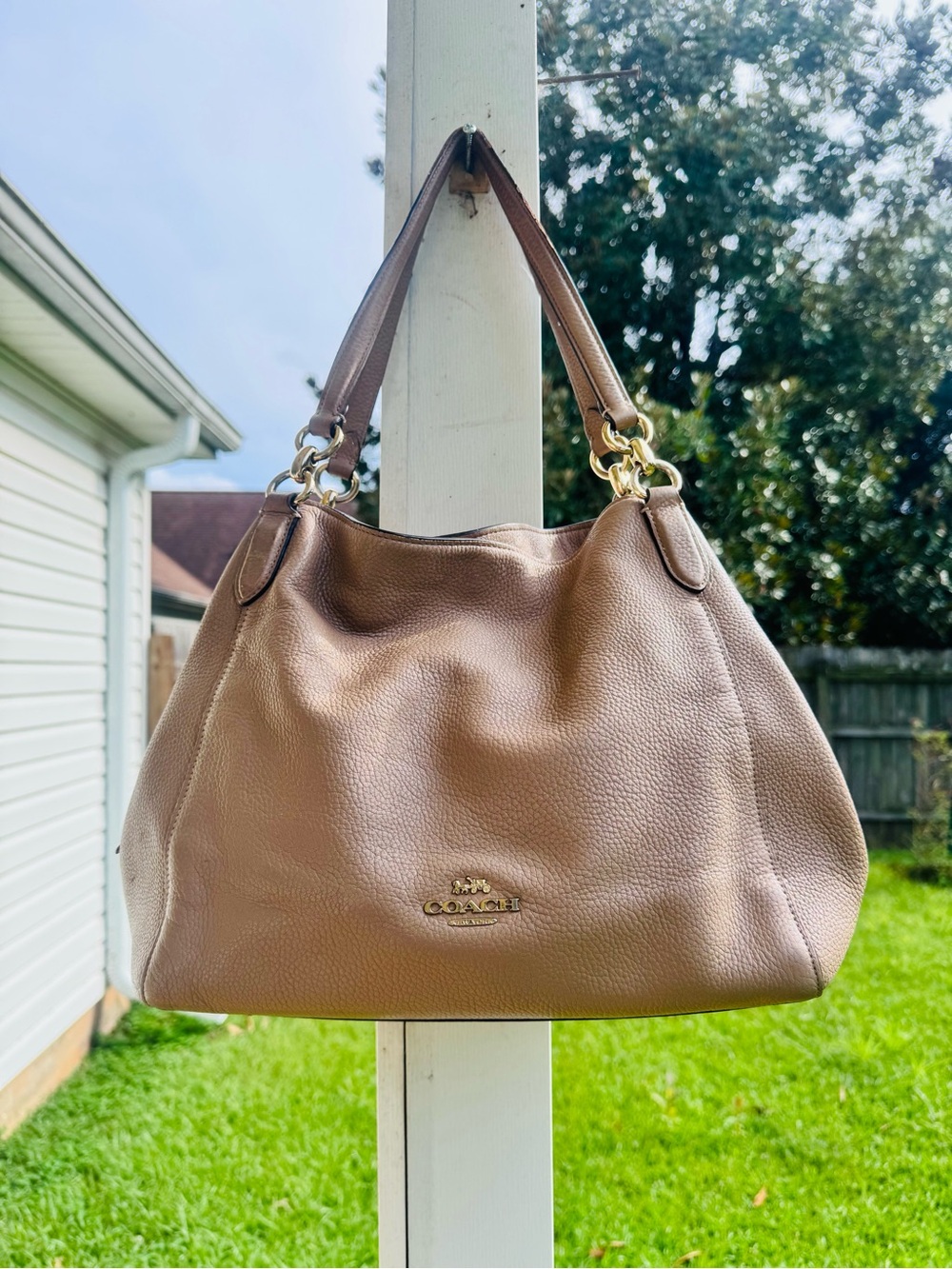 COACH Pebbled Leather Hobo Bag in Taupe Brown with Gold Hardware